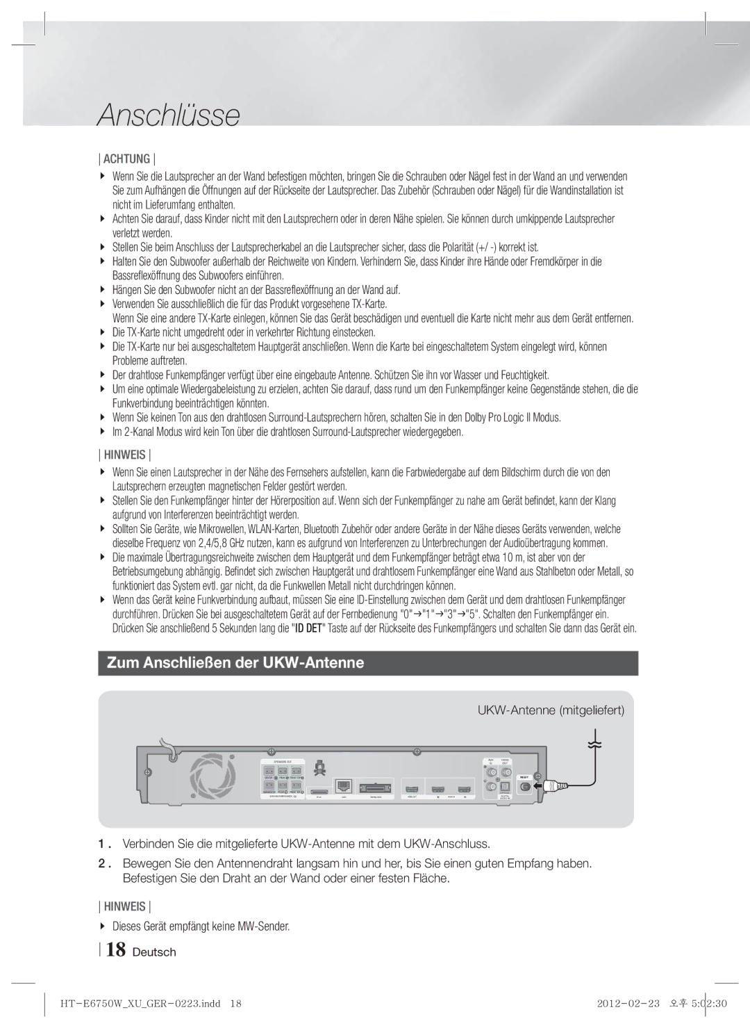 Samsung HT-E6750W/ZF Zum Anschließen der UKW-Antenne, UKW-Antenne mitgeliefert, Dieses Gerät empfängt keine MW-Sender 