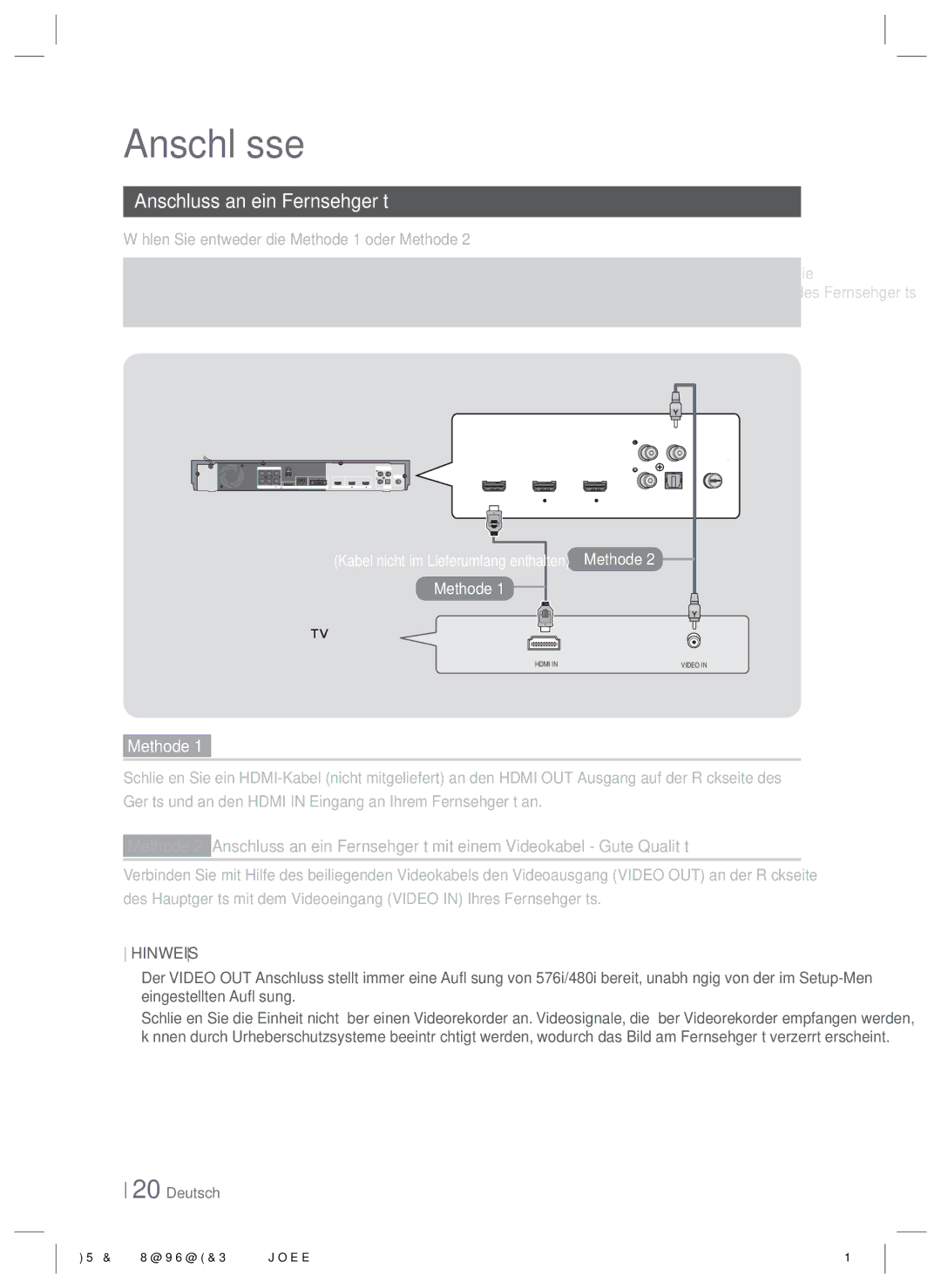 Samsung HT-E6750W/XE, HT-ES6200/XN manual Anschluss an ein Fernsehgerät, Wählen Sie entweder die Methode 1 oder Methode 