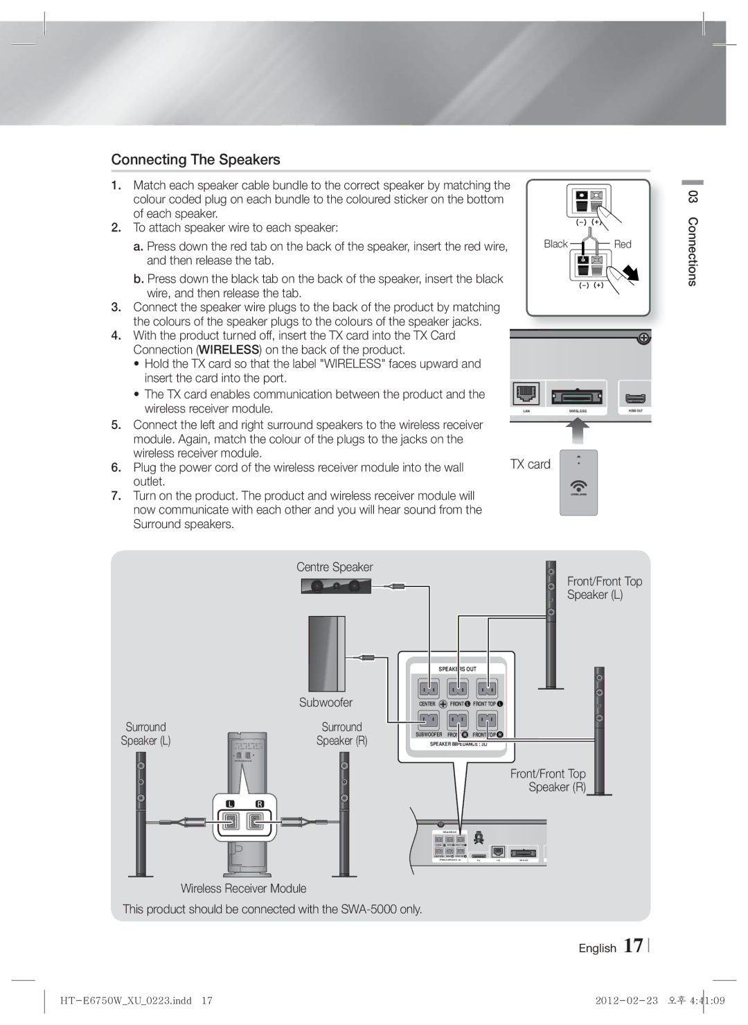 Samsung HT-ES6200/XE, HT-ES6200/XN manual Connecting The Speakers, Wireless receiver module, Front/Front Top, Speaker L 