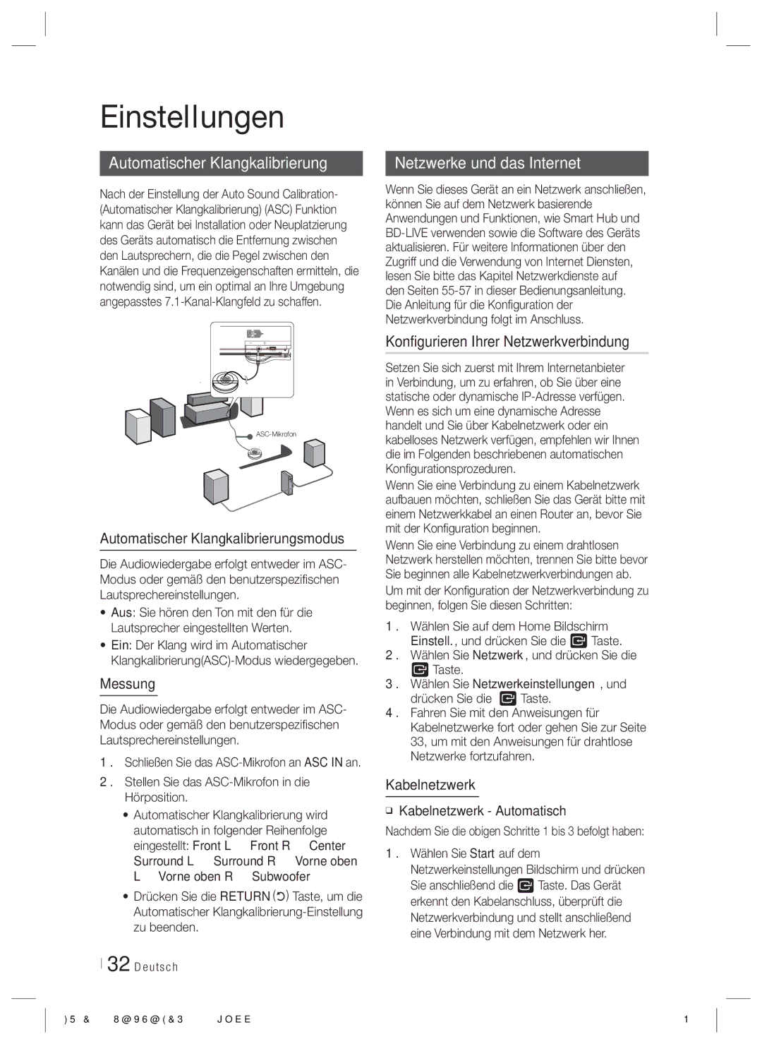 Samsung HT-ES6200/XN manual Automatischer Klangkalibrierung, Konfigurieren Ihrer Netzwerkverbindung, Messung, Kabelnetzwerk 