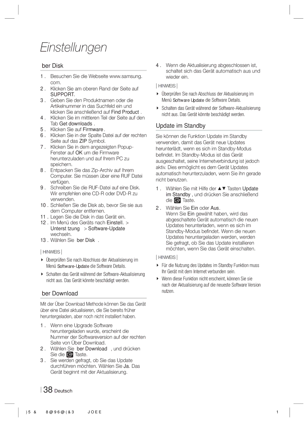 Samsung HT-E6750W/ZF, HT-ES6200/XN Über Disk, Über Download, Update im Standby, Klicken Sie am oberen Rand der Seite auf 