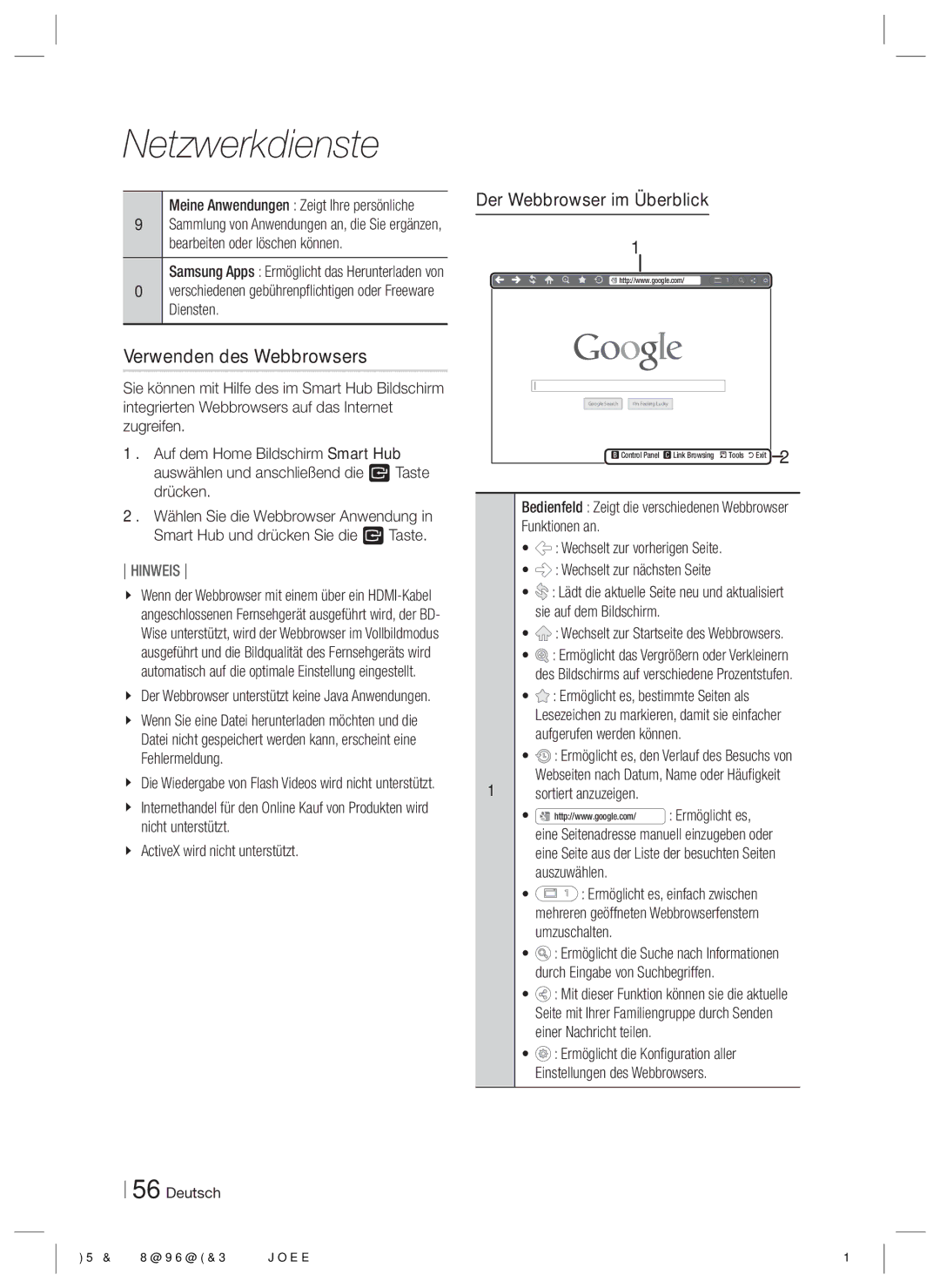 Samsung HT-E6750W/EN, HT-ES6200/XN manual Verwenden des Webbrowsers, Der Webbrowser im Überblick, Ermöglicht es, Auszuwählen 