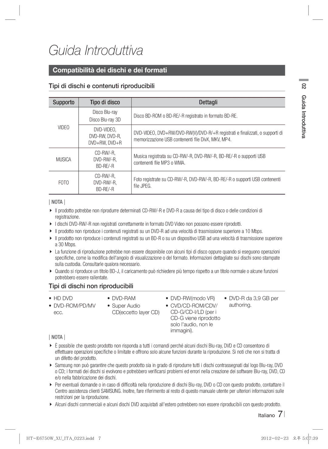 Samsung HT-E6750W/EN Guida Introduttiva, Compatibilità dei dischi e dei formati, Tipi di dischi e contenuti riproducibili 