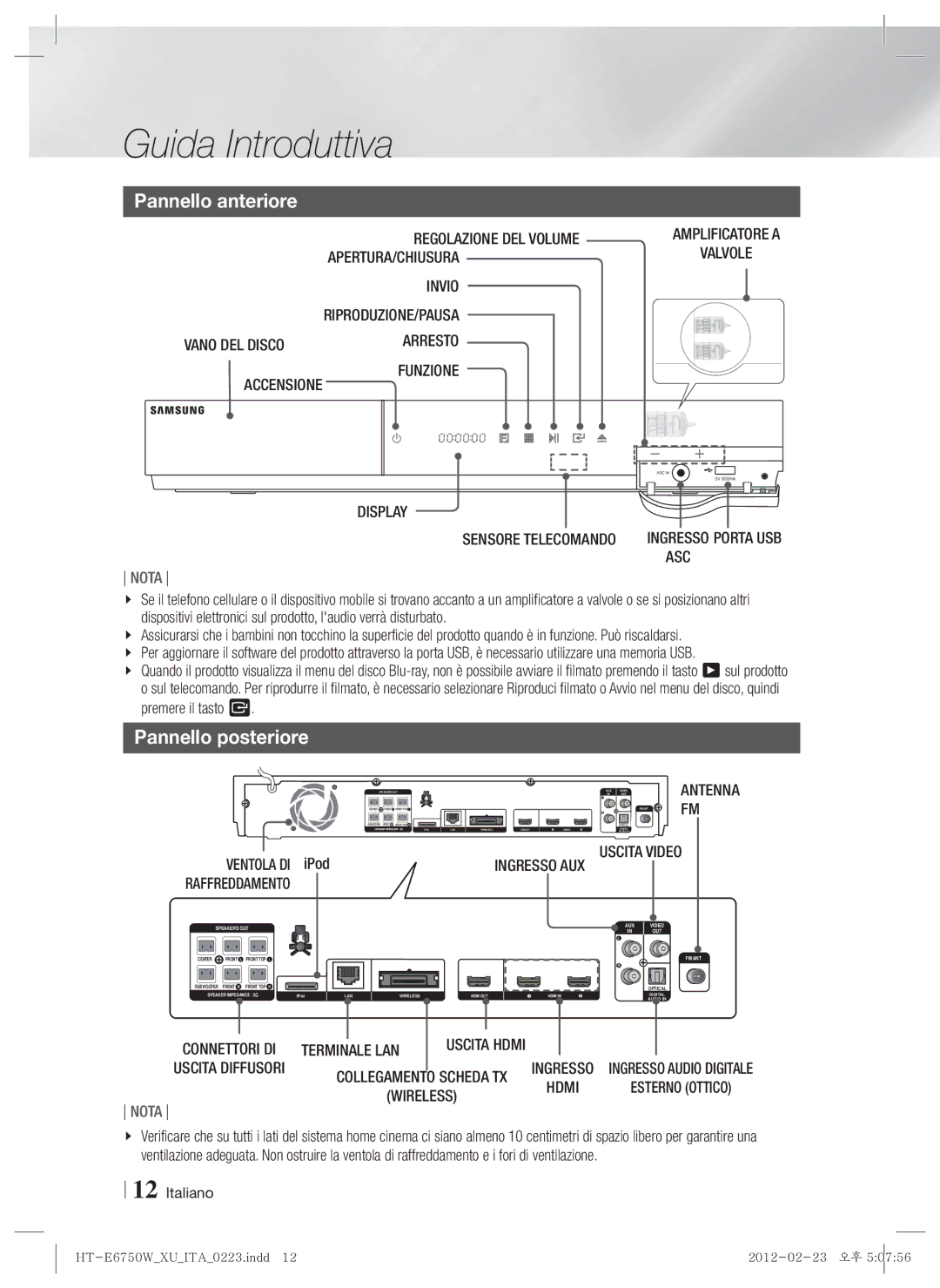 Samsung HT-E6750W/SQ, HT-ES6200/XN, HT-E6750W/XN, HT-ES6200/EN, HT-E6750W/TK manual Pannello anteriore, Pannello posteriore 