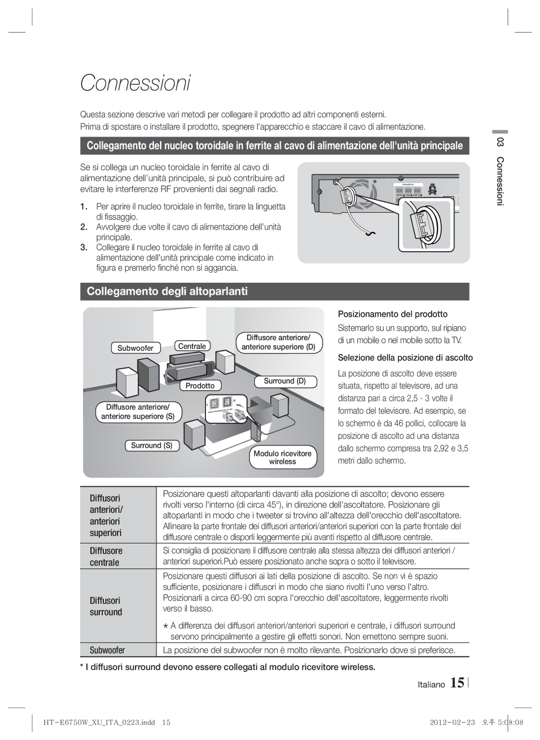 Samsung HT-ES6200/EN, HT-ES6200/XN, HT-E6750W/XN, HT-E6750W/TK, HT-E6750W/EN Connessioni, Collegamento degli altoparlanti 