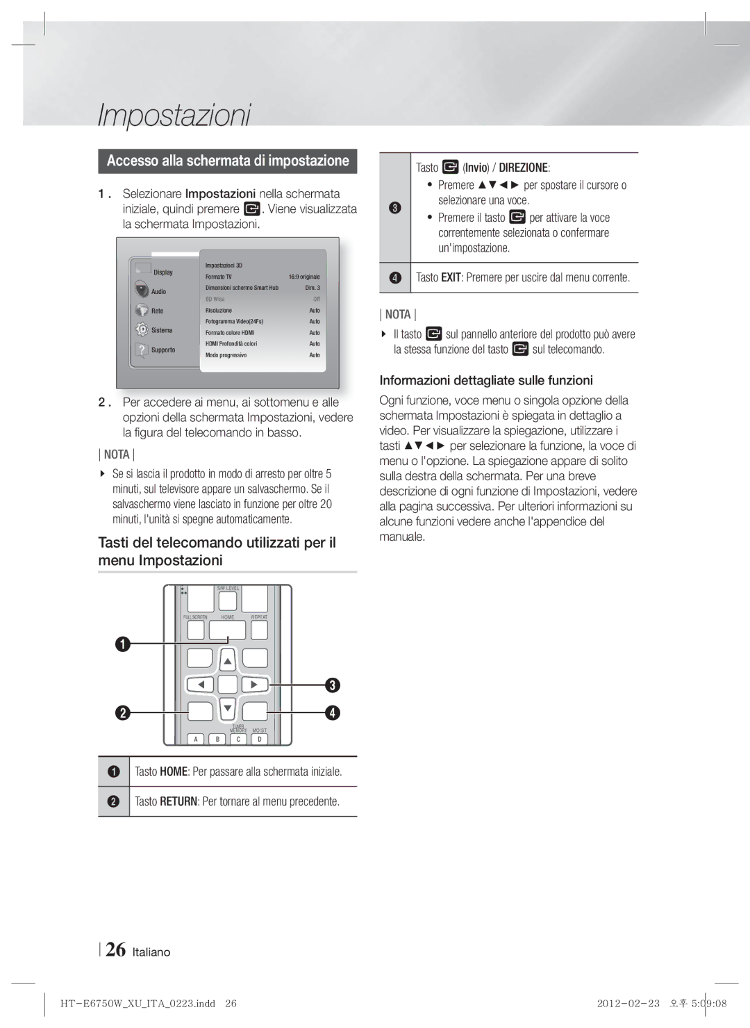 Samsung HT-E6750W/TK Tasti del telecomando utilizzati per il menu Impostazioni, Tasto E Invio / Direzione, Unimpostazione 