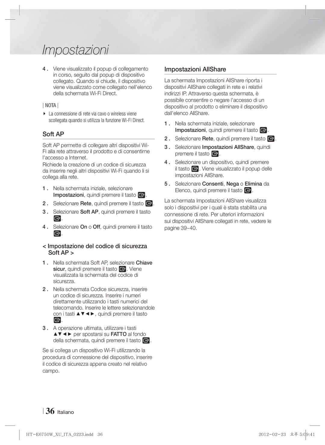 Samsung HT-E6750W/TK, HT-ES6200/XN, HT-E6750W/XN manual Impostazioni AllShare, Impostazione del codice di sicurezza Soft AP 