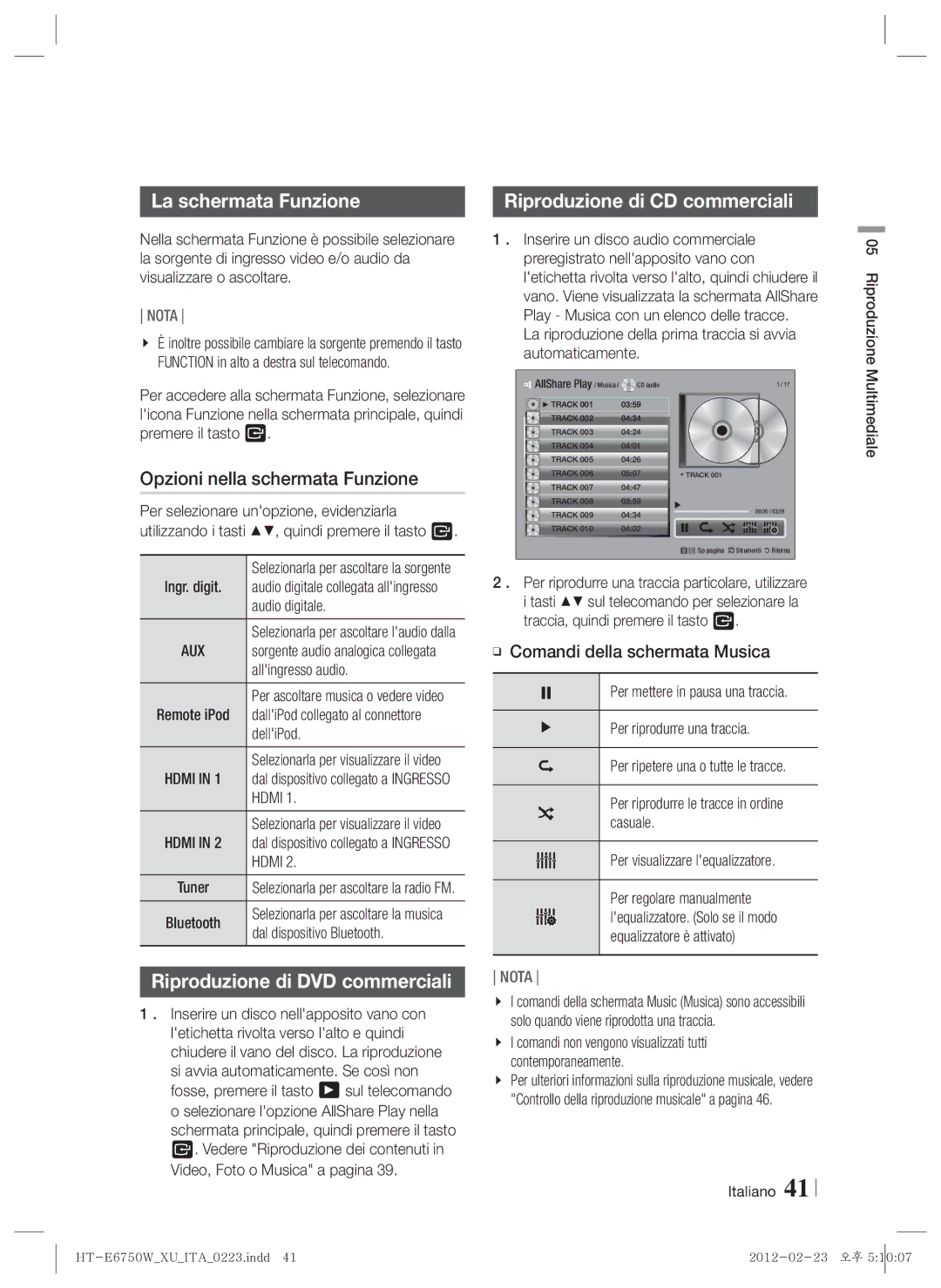 Samsung HT-E6750W/XE, HT-ES6200/XN La schermata Funzione, Opzioni nella schermata Funzione, Riproduzione di CD commerciali 