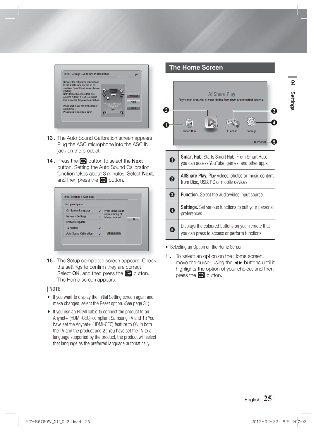 Samsung HT-ES6200/ZF, HT-ES6200/XN, HT-E6750W/XN manual Home Screen, From Disc, USB, PC or mobile devices, Preferences 