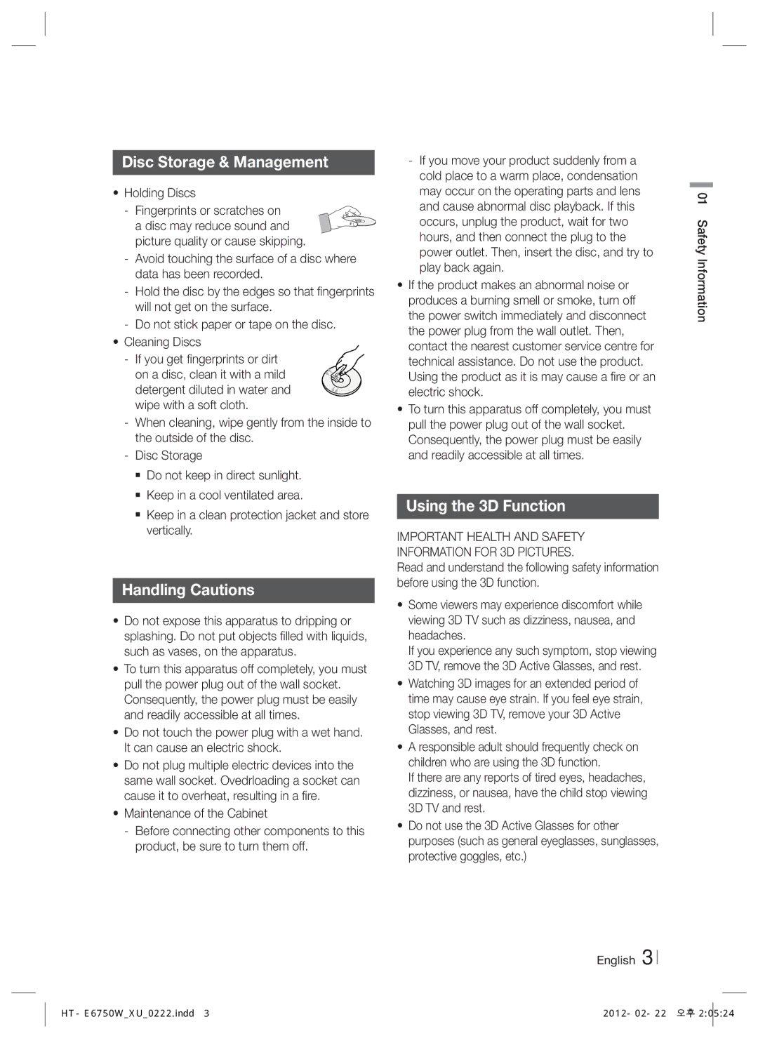Samsung HT-E6750W/TK, HT-ES6200/XN manual Disc Storage & Management, Handling Cautions, Using the 3D Function, Holding Discs 