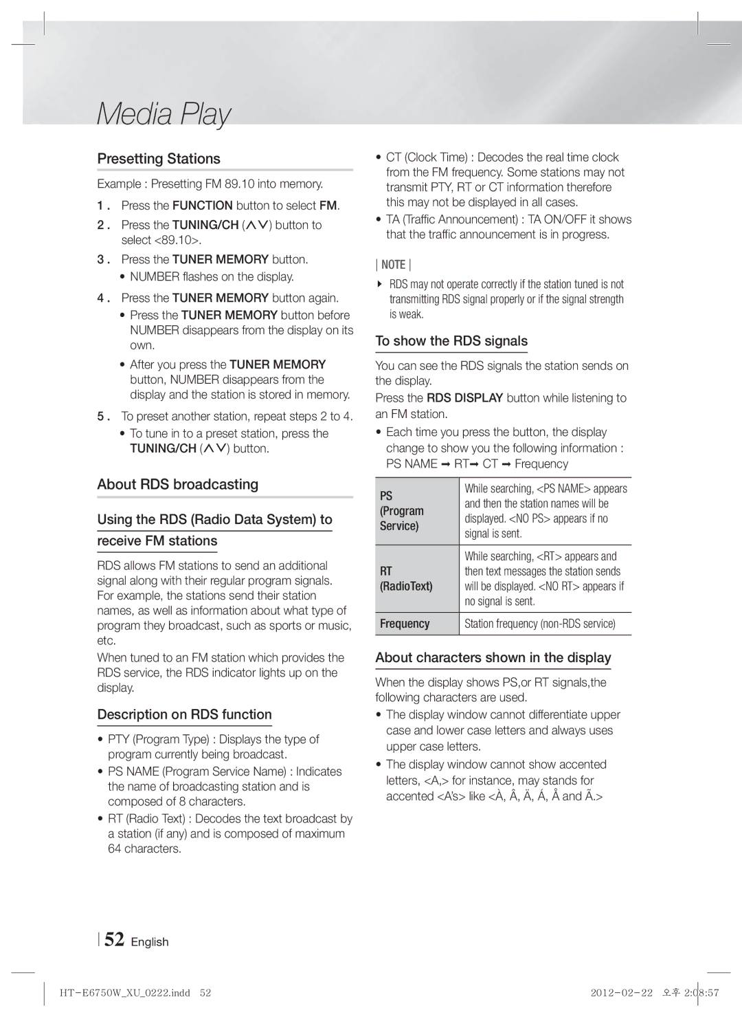 Samsung HT-ES6200/EN, HT-ES6200/XN, HT-E6750W/XN, HT-E6750W/TK, HT-E6750W/EN manual Presetting Stations, About RDS broadcasting 