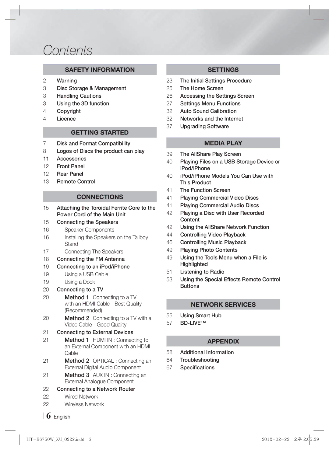 Samsung HT-E6750W/ZF, HT-ES6200/XN, HT-E6750W/XN, HT-ES6200/EN, HT-E6750W/TK, HT-E6750W/EN, HT-ES6200/ZF, HT-ES6200/XE Contents 
