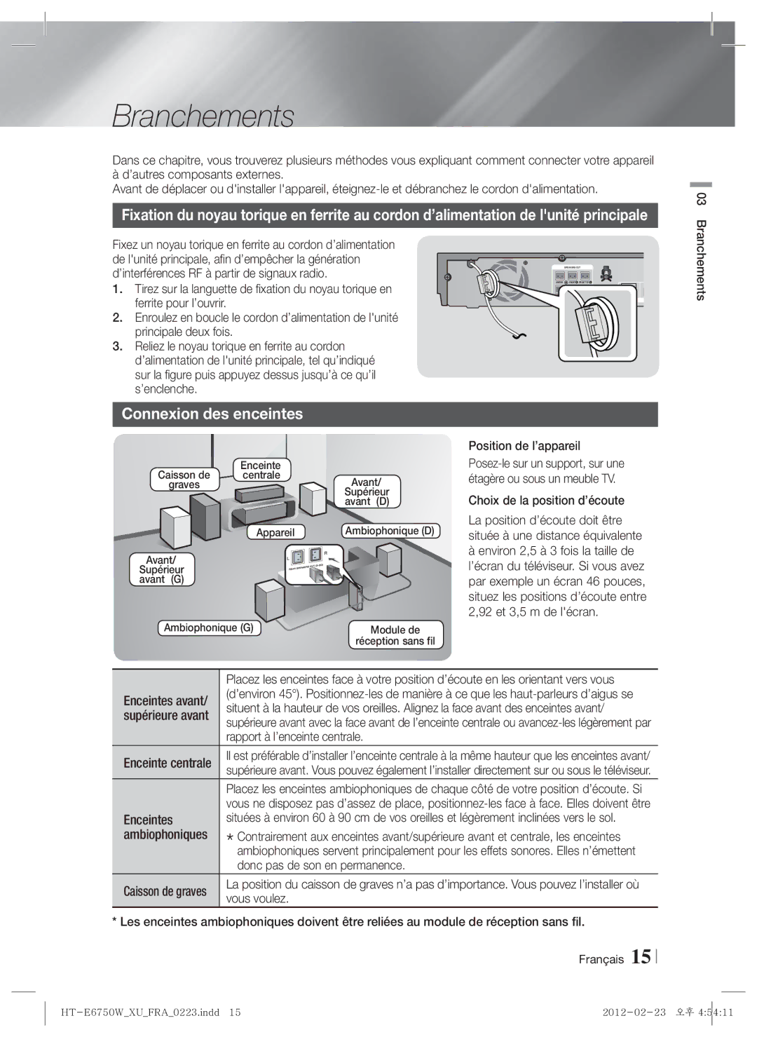 Samsung HT-E6750W/EN, HT-ES6200/XN, HT-E6750W/XN, HT-ES6200/EN, HT-E6750W/TK manual Branchements, Connexion des enceintes 