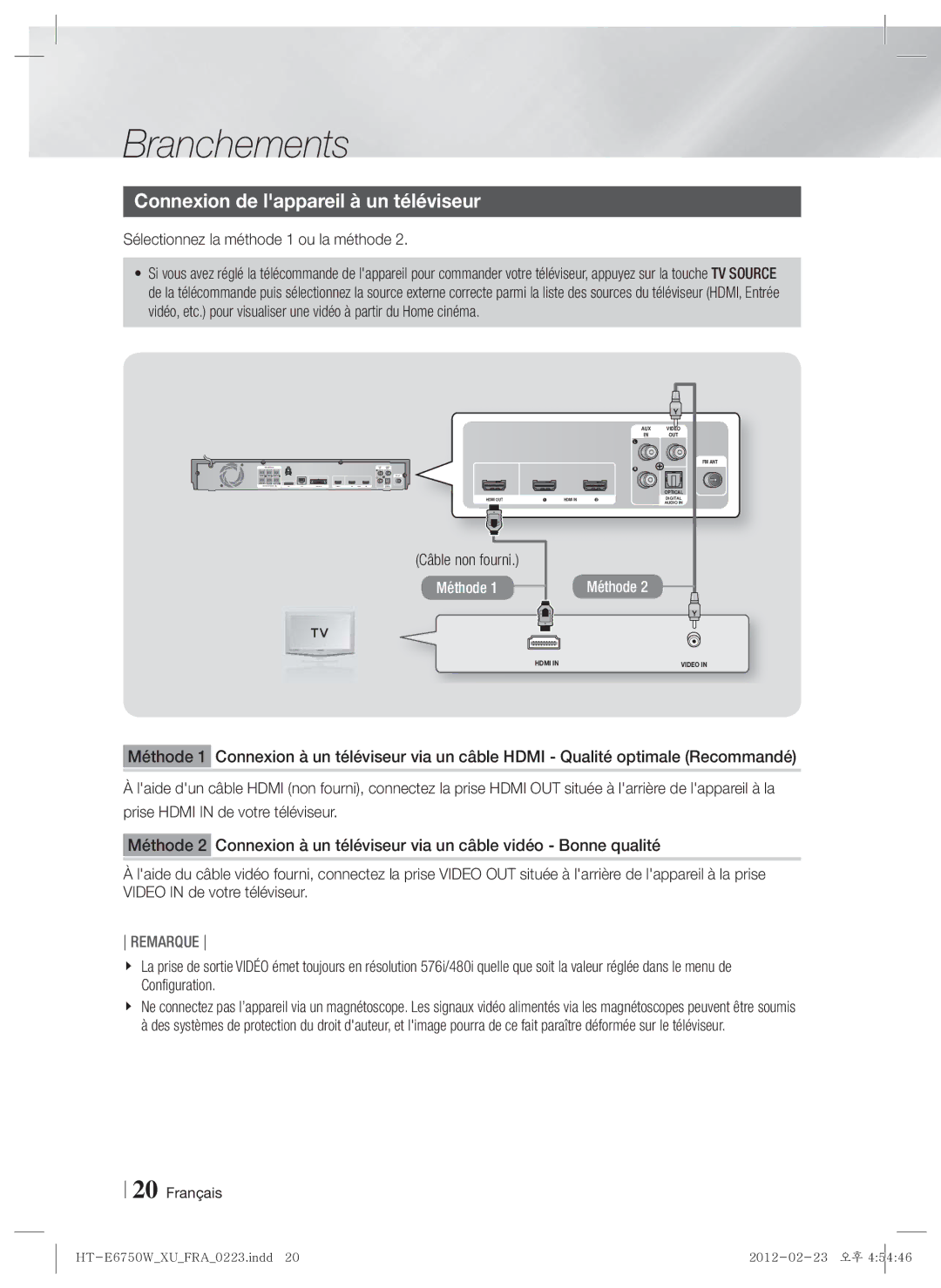 Samsung HT-E6750W/SQ Connexion de lappareil à un téléviseur, Sélectionnez la méthode 1 ou la méthode, Câble non fourni 