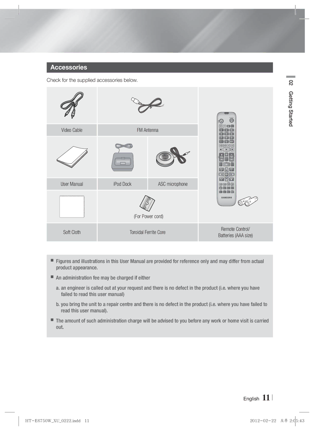 Samsung HT-E6750W/XN, HT-ES6200/XN Accessories, Check for the supplied accessories below, ASC microphone, For Power cord 