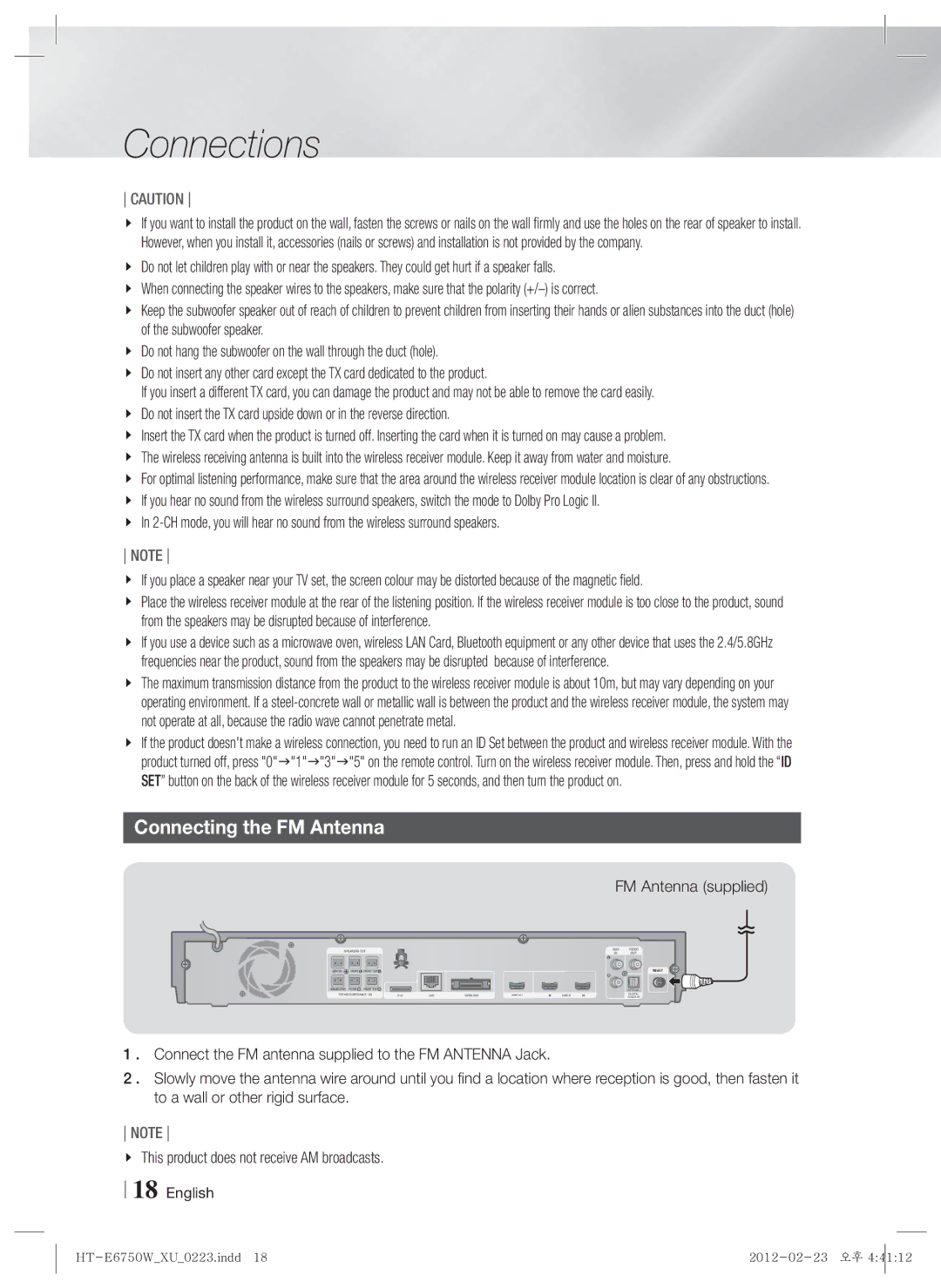 Samsung HT-E6750W/XE, HT-ES6200/XN, HT-E6750W/XN, HT-ES6200/EN, HT-E6750W/TK Connecting the FM Antenna, FM Antenna supplied 