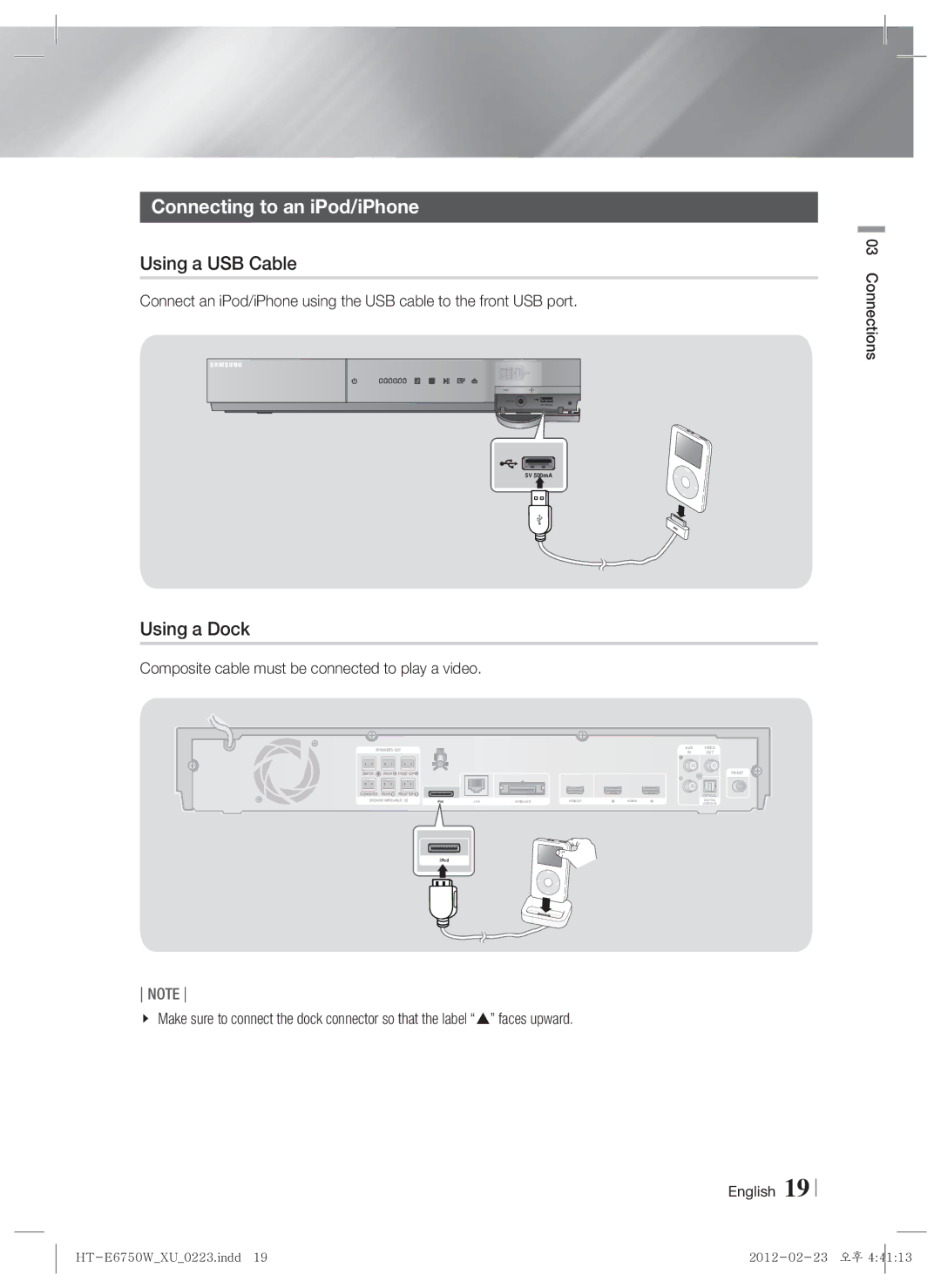 Samsung HT-E6750W/SQ, HT-ES6200/XN, HT-E6750W/XN, HT-ES6200/EN Connecting to an iPod/iPhone, Using a USB Cable, Using a Dock 