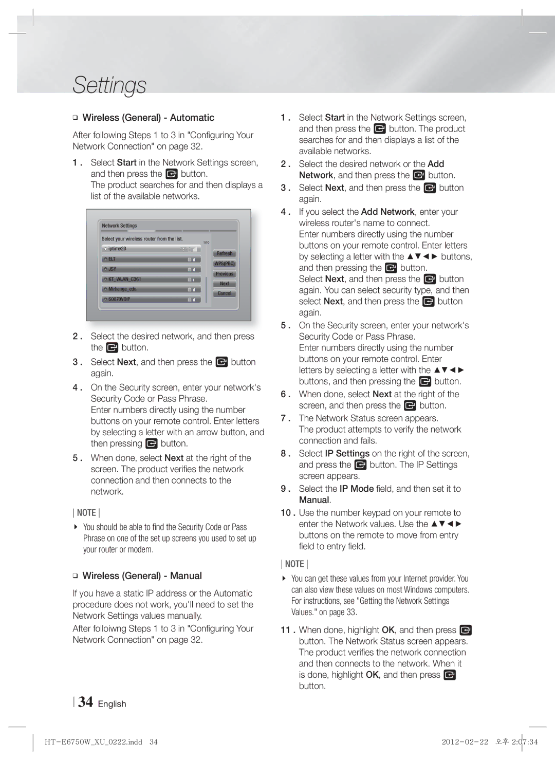 Samsung HT-E6750W/EN, HT-ES6200/XN, HT-E6750W/XN, HT-ES6200/EN, HT-E6750W/TK, HT-ES6200/ZF manual Wireless General Manual 