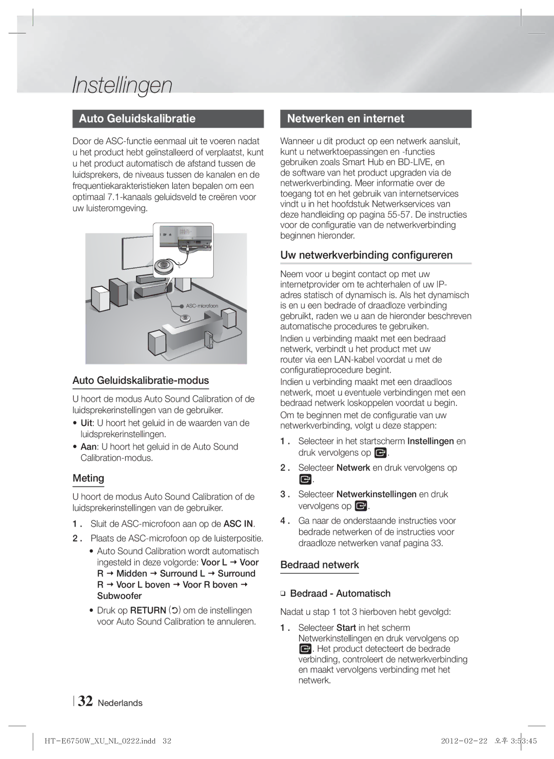 Samsung HT-E6750W/TK manual Uw netwerkverbinding configureren, Auto Geluidskalibratie-modus, Meting, Bedraad netwerk 