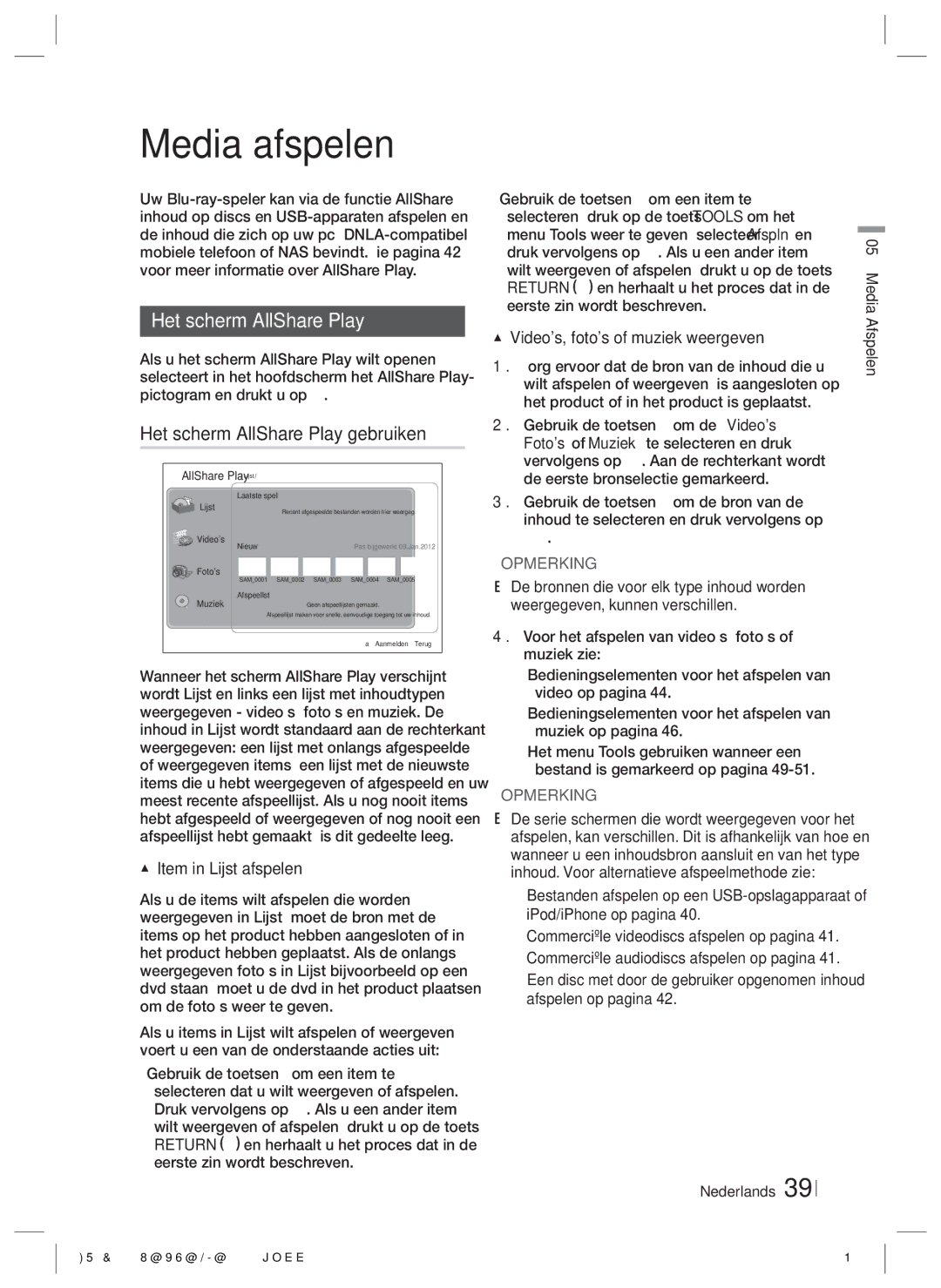 Samsung HT-E6750W/TK, HT-ES6200/XN manual Media afspelen, Het scherm AllShare Play gebruiken, Item in Lijst afspelen 