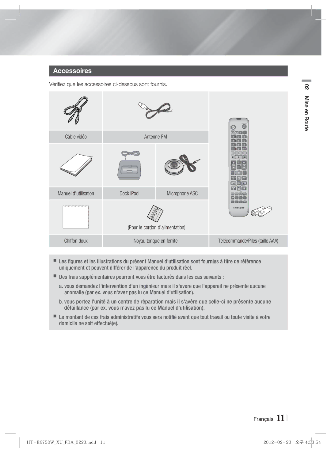 Samsung HT-E6750W/EN manual Accessoires, Vérifiez que les accessoires ci-dessous sont fournis, Dock iPod Microphone ASC 