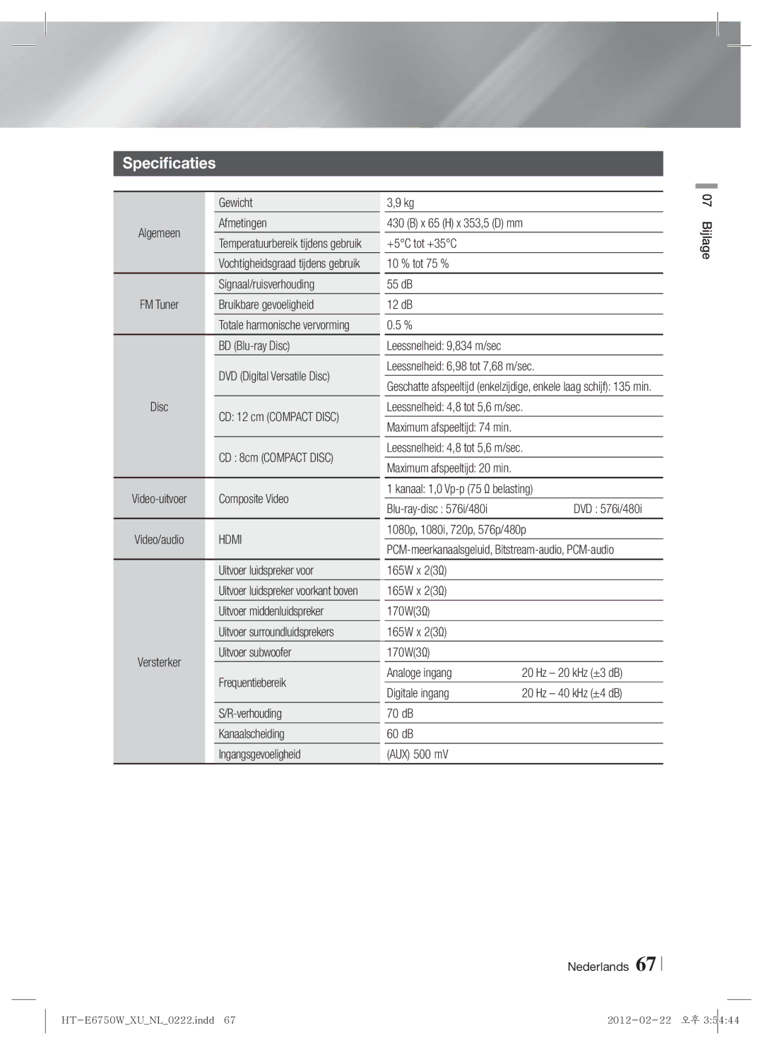 Samsung HT-E6750W/TK, HT-ES6200/XN, HT-E6750W/XN, HT-ES6200/EN, HT-E6750W/EN, HT-ES6200/ZF, HT-E6750W/ZF manual Specificaties 