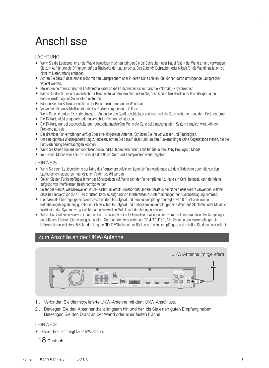 Samsung HT-ES6200/EN Zum Anschließen der UKW-Antenne, UKW-Antenne mitgeliefert, Dieses Gerät empfängt keine MW-Sender 