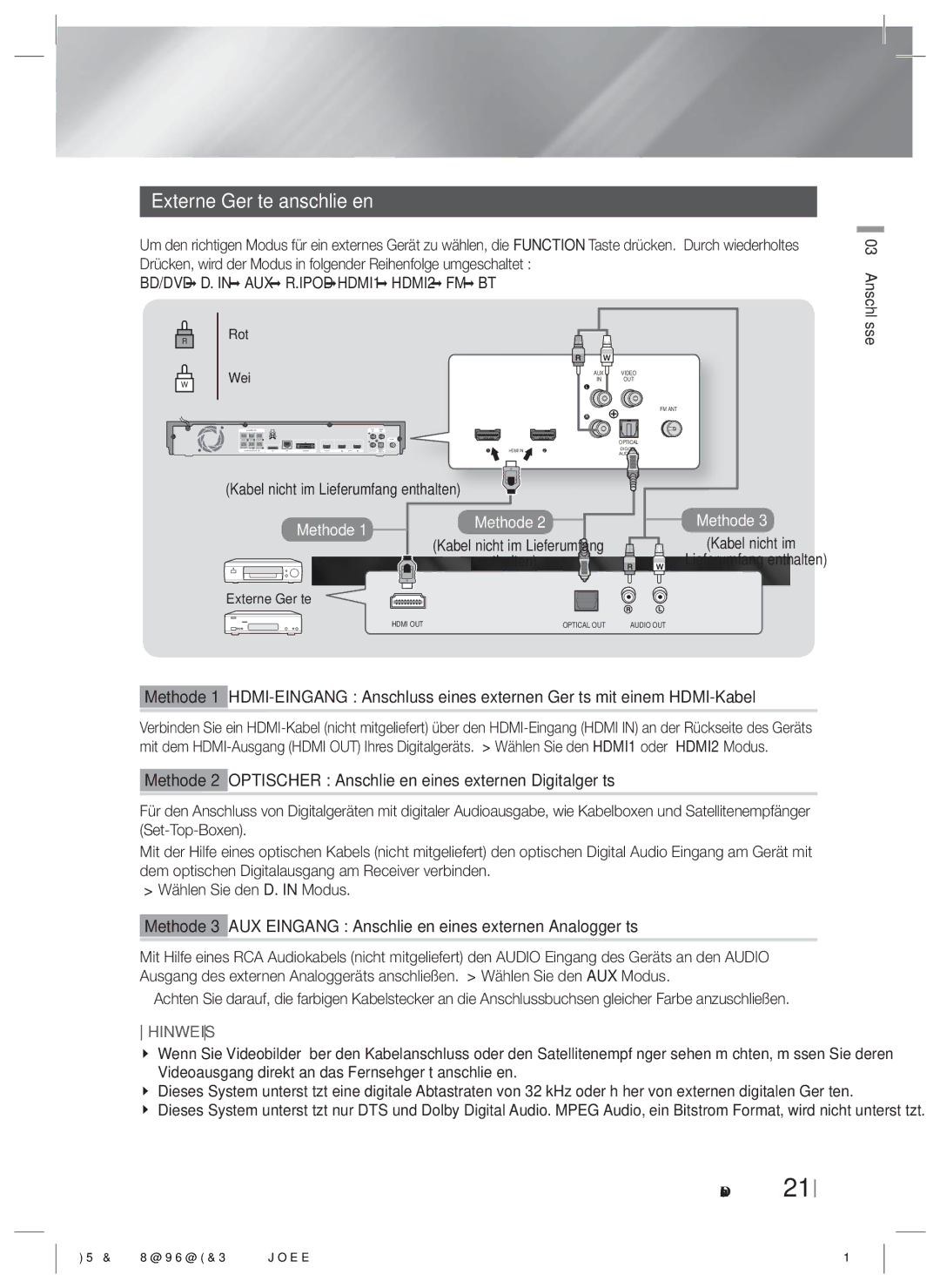 Samsung HT-ES6200/ZF manual Externe Geräte anschließen, BD/DVD D. in AUX R.IPOD HDMI1 HDMI2 FM BT, Deutsch Anschlüsse 