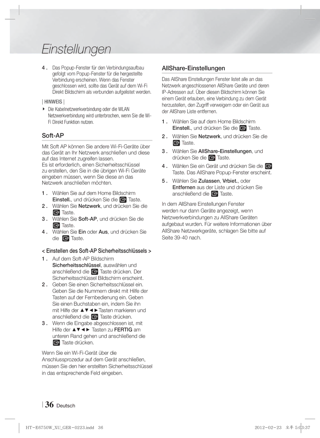 Samsung HT-E6750W/ZF, HT-ES6200/XN, HT-E6750W/XN, HT-ES6200/EN, HT-E6750W/TK, HT-E6750W/EN Soft-AP, AllShare-Einstellungen 
