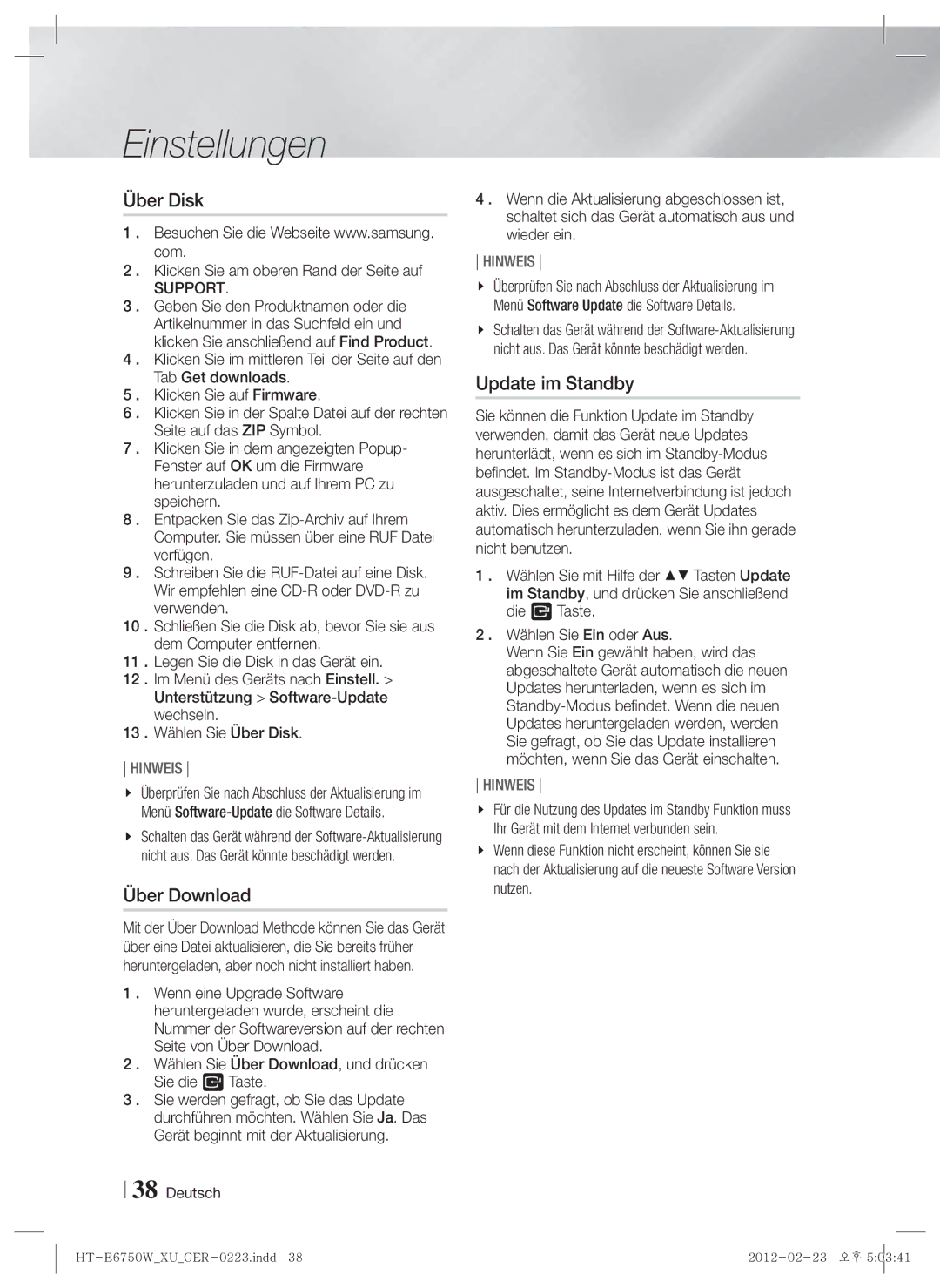 Samsung HT-E6750W/XN, HT-ES6200/XN Über Disk, Über Download, Update im Standby, Klicken Sie am oberen Rand der Seite auf 