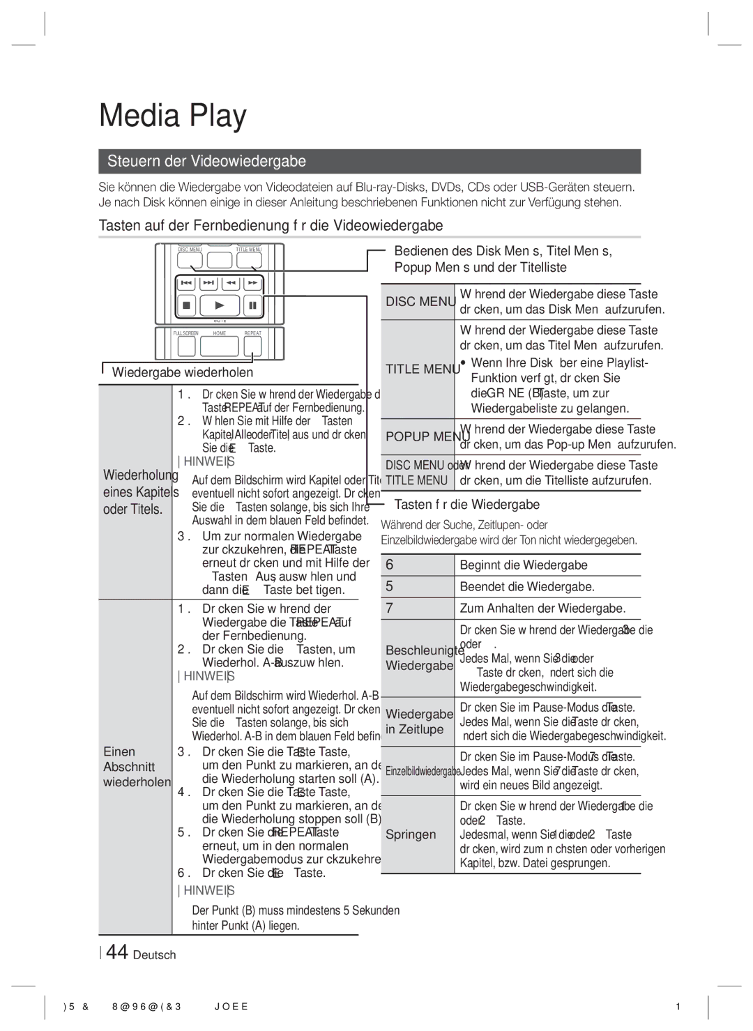 Samsung HT-ES6200/XN, HT-E6750W/XN manual Steuern der Videowiedergabe, Tasten auf der Fernbedienung für die Videowiedergabe 