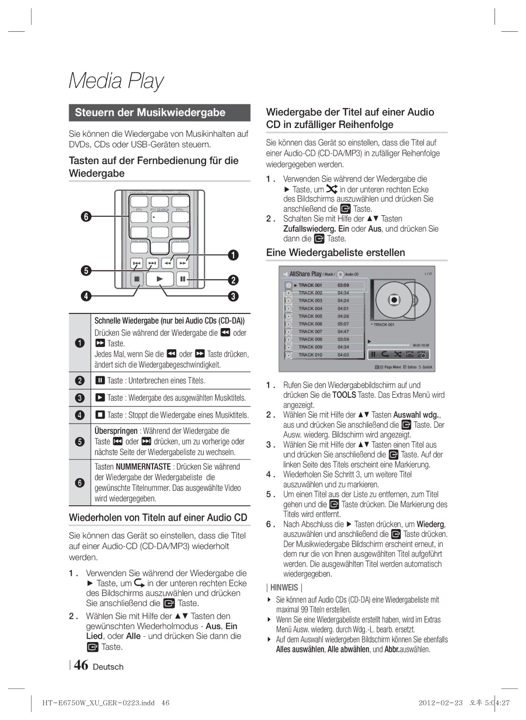 Samsung HT-ES6200/EN, HT-ES6200/XN manual Steuern der Musikwiedergabe, Tasten auf der Fernbedienung für die Wiedergabe 