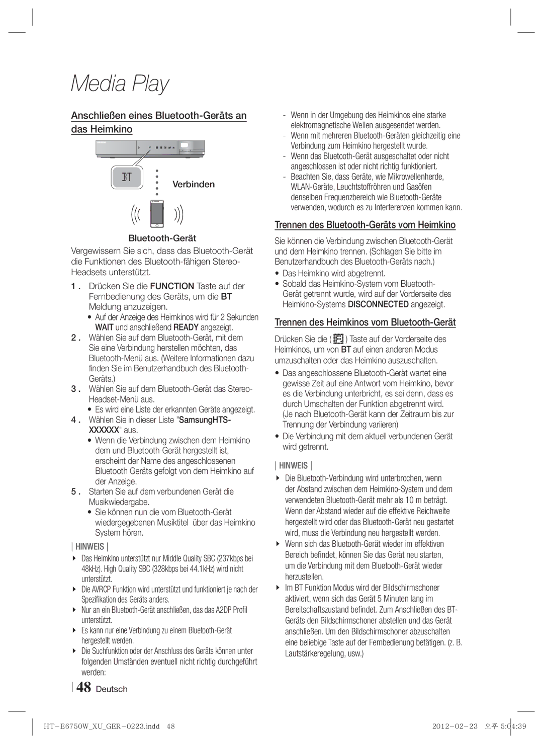 Samsung HT-E6750W/EN manual Anschließen eines Bluetooth-Geräts an das Heimkino, Trennen des Bluetooth-Geräts vom Heimkino 