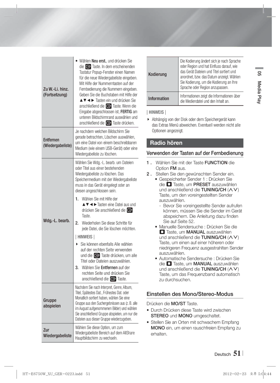 Samsung HT-ES6200/XN manual Radio hören, Einstellen des Mono/Stereo-Modus, Verwenden der Tasten auf der Fernbedienung 