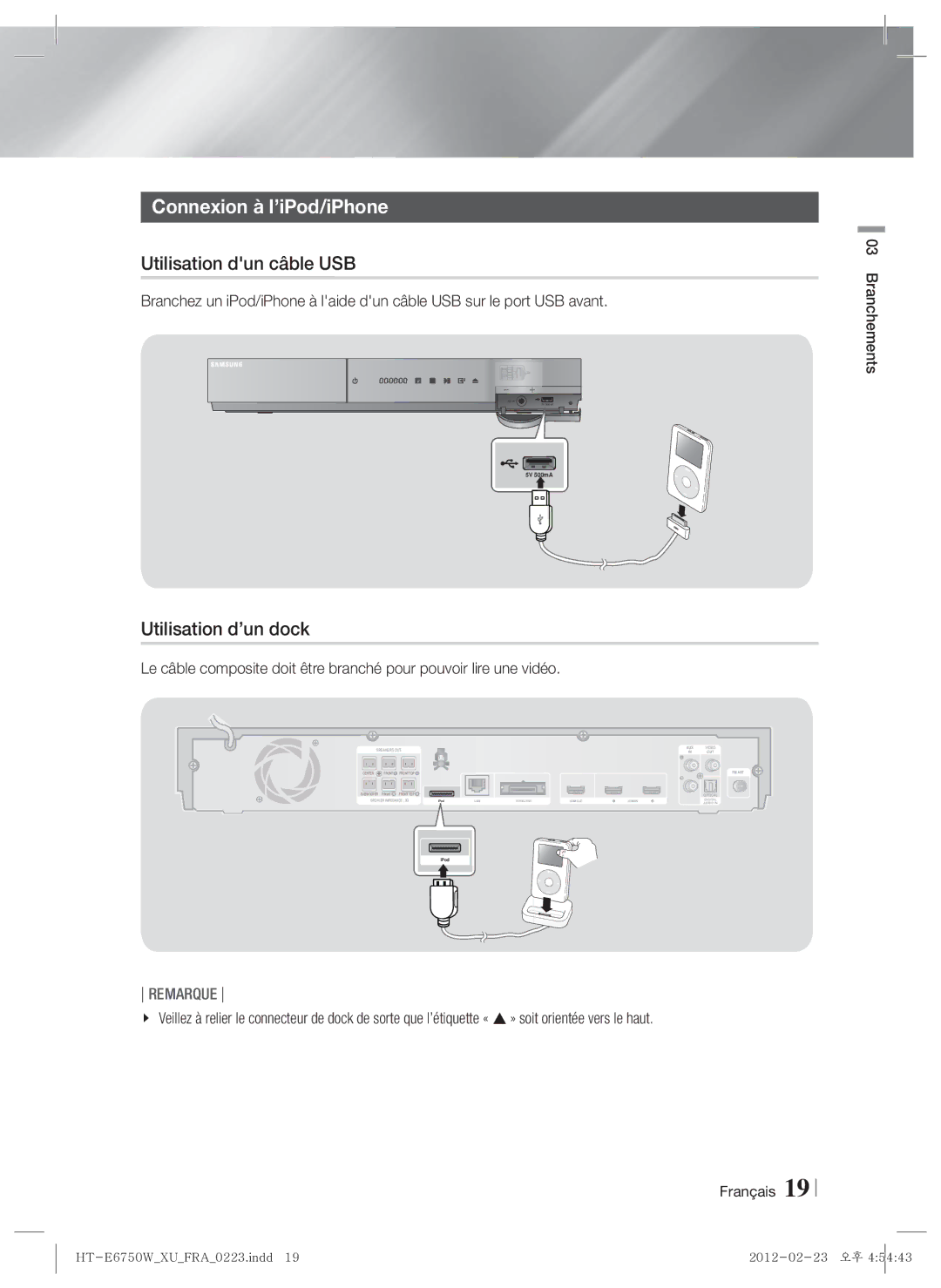 Samsung HT-ES6200/ZF, HT-ES6200/XN manual Connexion à l’iPod/iPhone, Utilisation dun câble USB, Utilisation d’un dock 