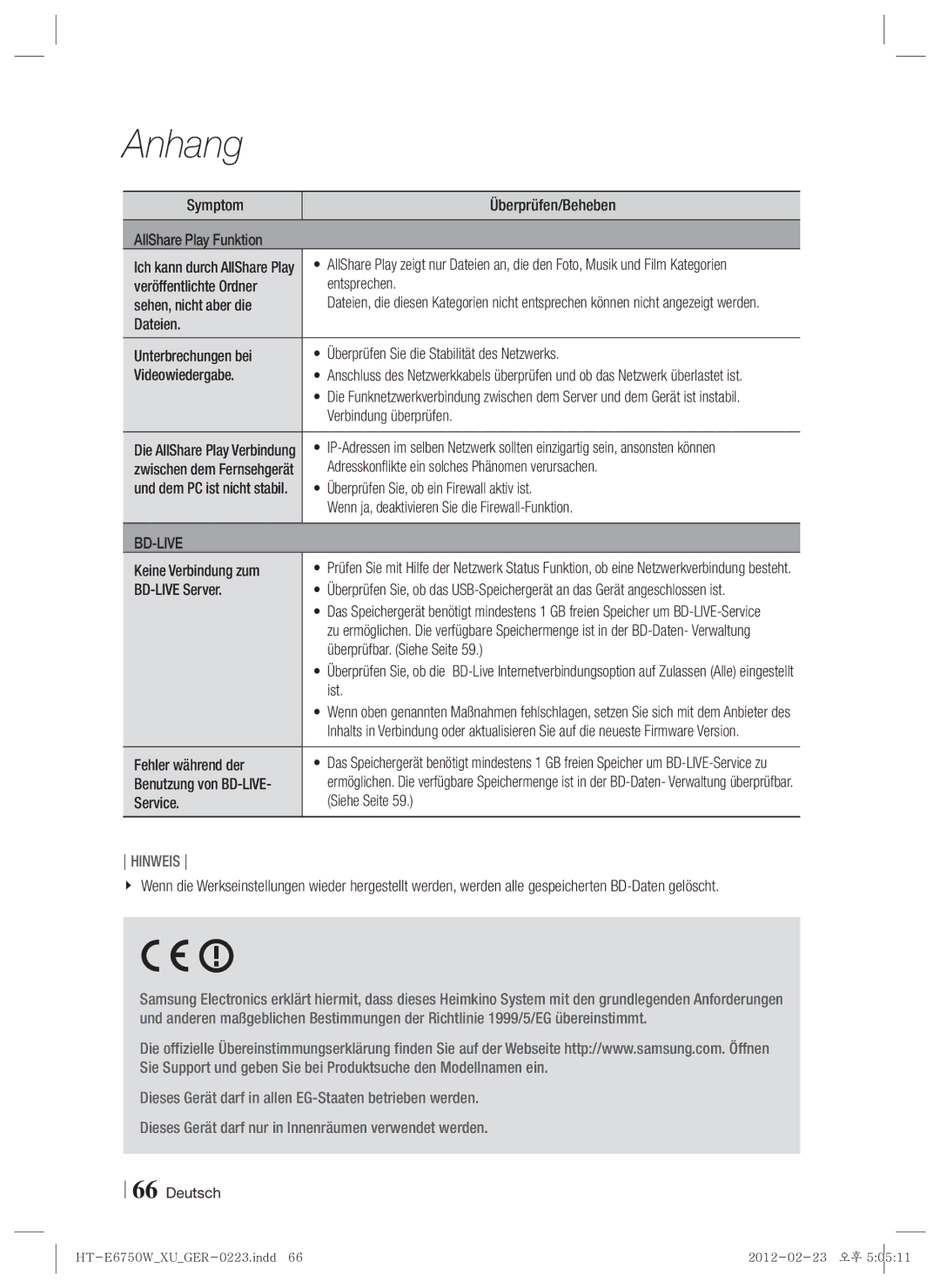 Samsung HT-E6750W/XN Symptom Überprüfen/Beheben AllShare Play Funktion, Verbindung überprüfen, Keine Verbindung zum, Ist 