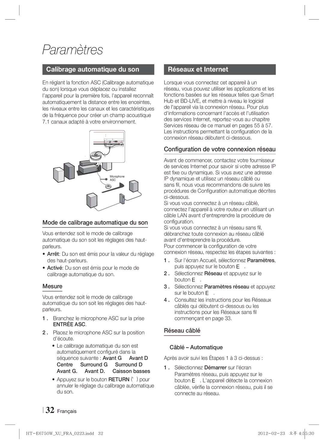 Samsung HT-E6750W/EN manual Calibrage automatique du son, Configuration de votre connexion réseau, Mesure, Réseau câblé 