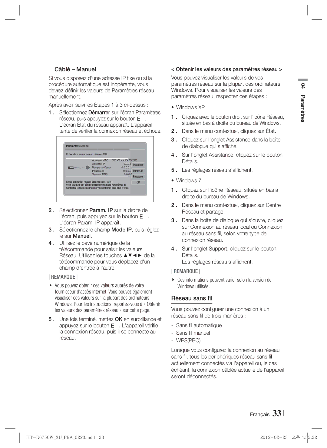 Samsung HT-ES6200/ZF, HT-ES6200/XN, HT-E6750W/XN, HT-ES6200/EN, HT-E6750W/TK, HT-E6750W/EN Réseau sans fil, Windows XP, Wpspbc 