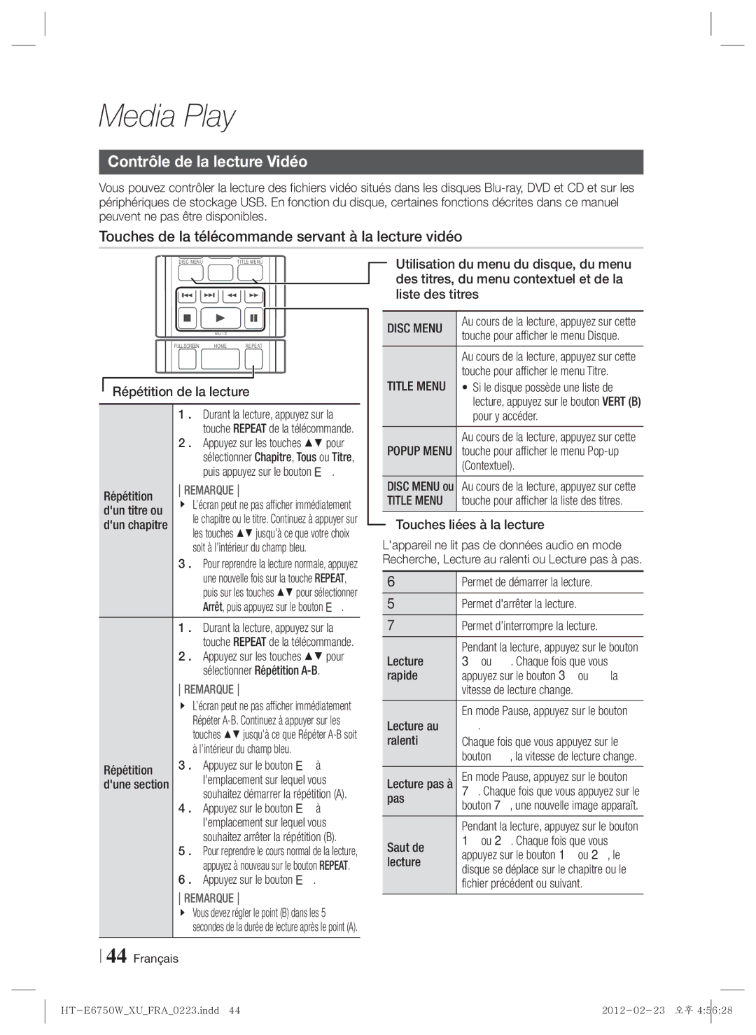 Samsung HT-ES6200/EN manual Contrôle de la lecture Vidéo, Touches de la télécommande servant à la lecture vidéo, Disc Menu 