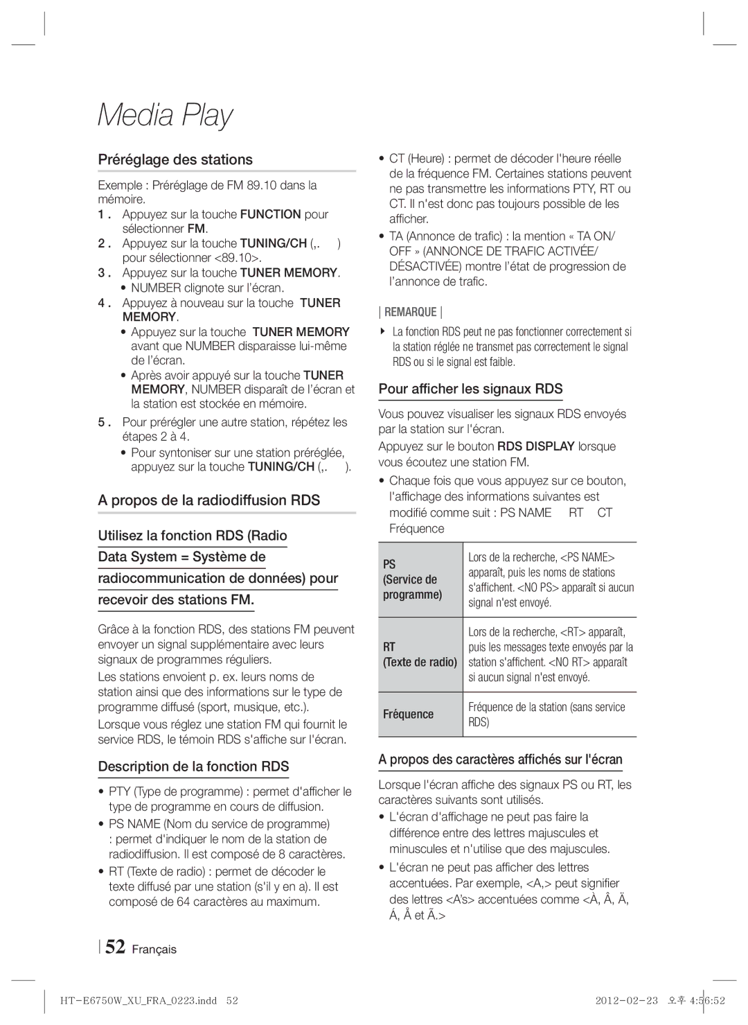 Samsung HT-E6750W/TK manual Préréglage des stations, Propos de la radiodiffusion RDS, Description de la fonction RDS 