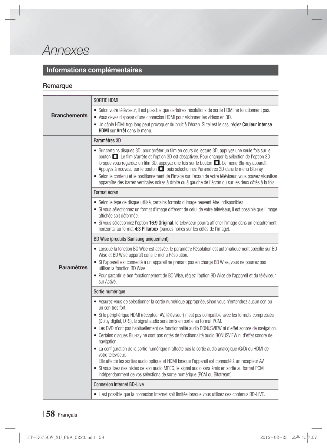 Samsung HT-ES6200/EN, HT-ES6200/XN, HT-E6750W/XN Annexes, Informations complémentaires, Remarque, Sortie Hdmi, Paramètres 