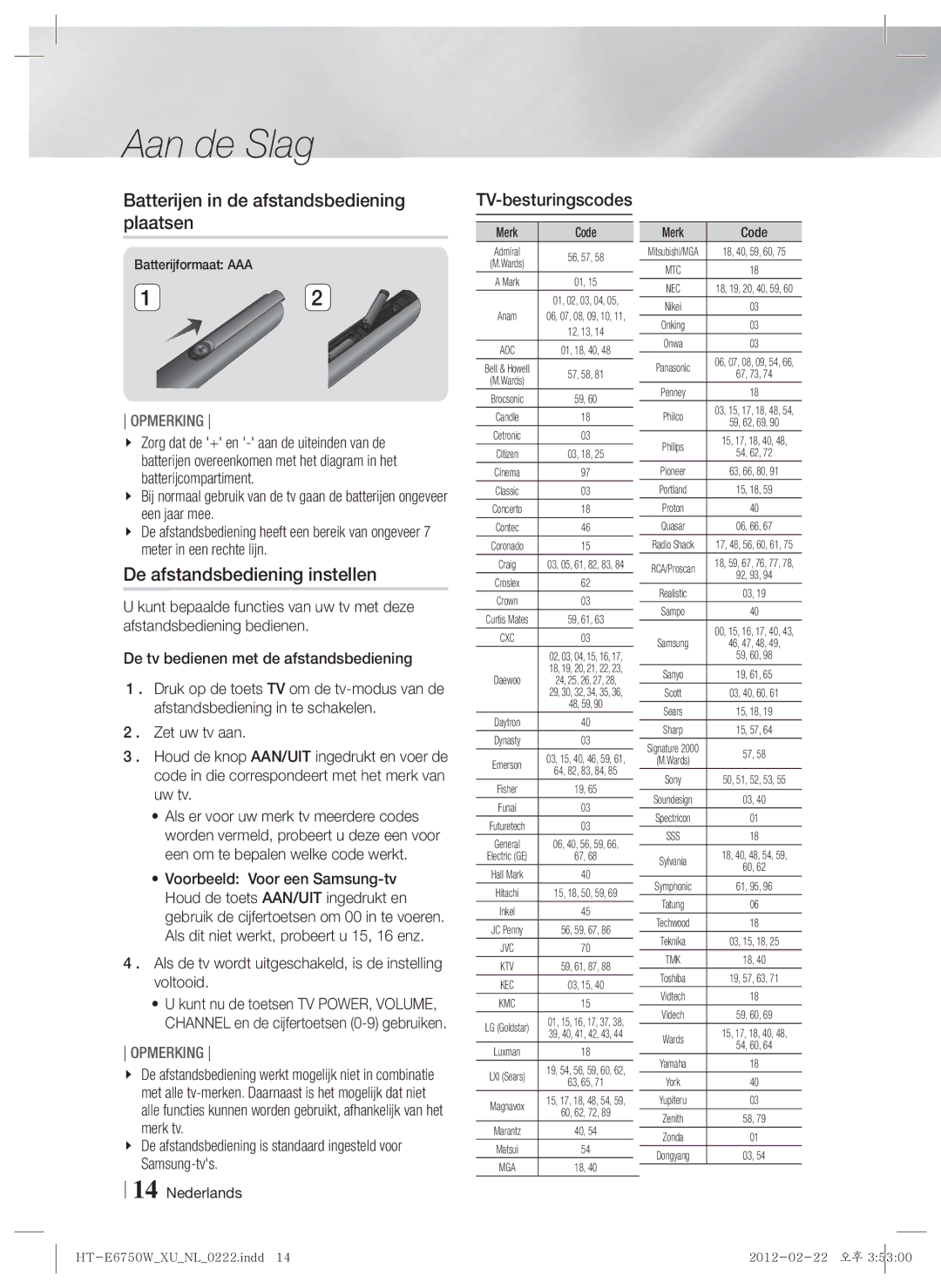 Samsung HT-E6750W/ZF manual Batterijen in de afstandsbediening plaatsen, De afstandsbediening instellen, TV-besturingscodes 