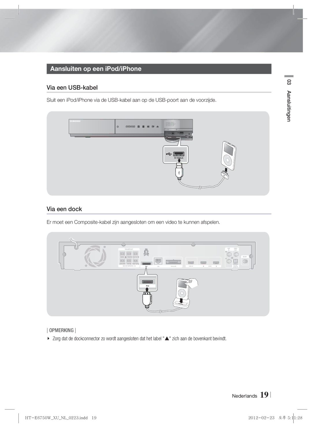 Samsung HT-E6750W/EN, HT-ES6200/XN, HT-E6750W/XN manual Aansluiten op een iPod/iPhone, Via een USB-kabel, Via een dock 