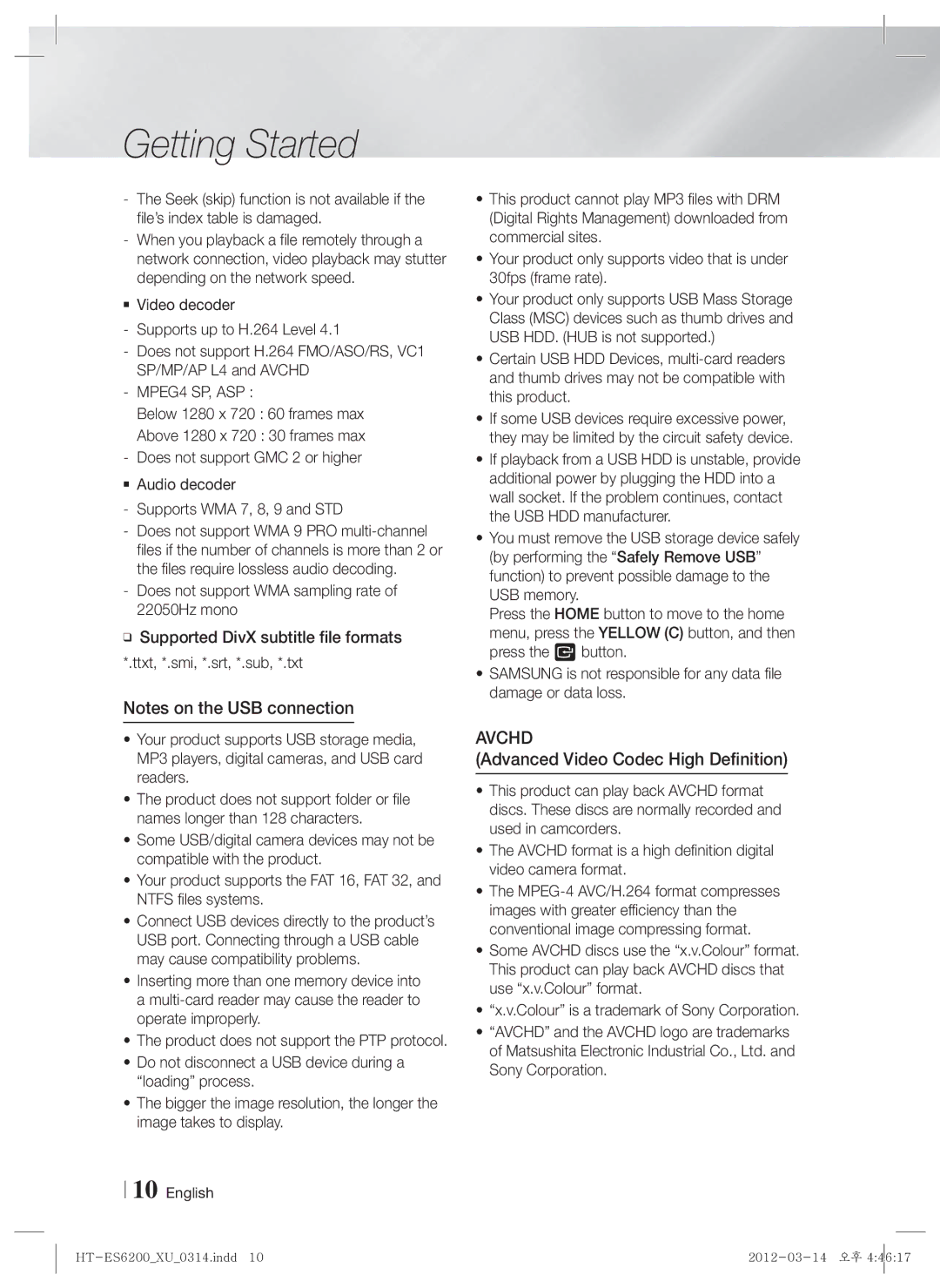 Samsung HT-ES6200/EN, HT-ES6200/XN, HT-ES6600/XN, HT-ES6600/EN manual Advanced Video Codec High Definition, MPEG4 SP, ASP 