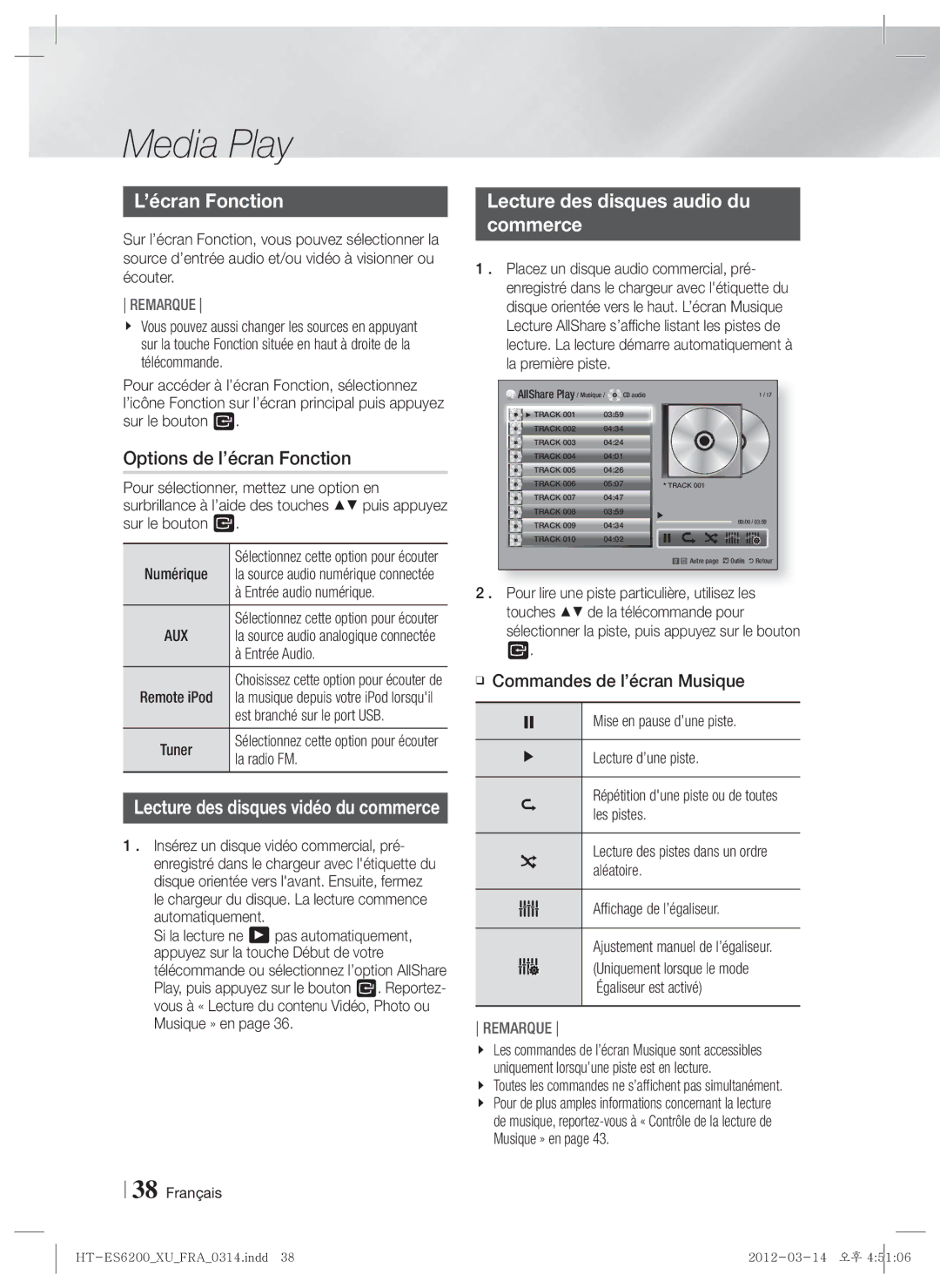 Samsung HT-ES6200/ZF Options de l’écran Fonction, Lecture des disques audio du Commerce, Commandes de l’écran Musique 