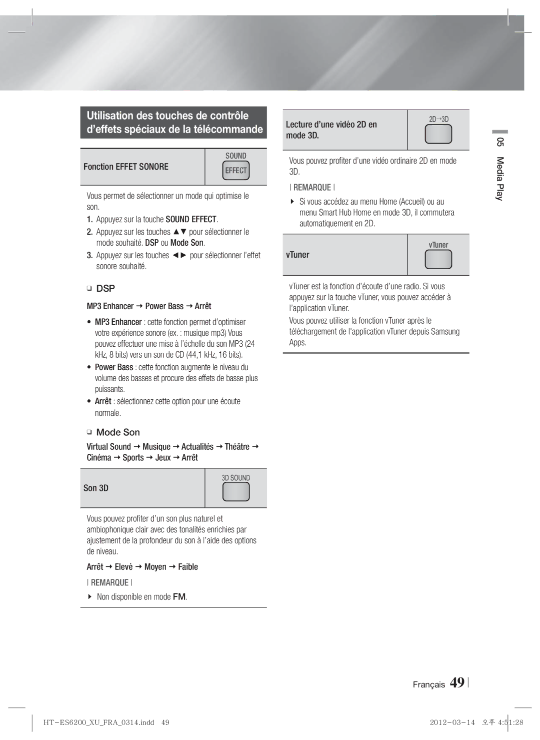 Samsung HT-ES6200/XE Utilisation des touches de contrôle, Fonction Effet Sonore, MP3 Enhancer  Power Bass  Arrêt, Son 3D 