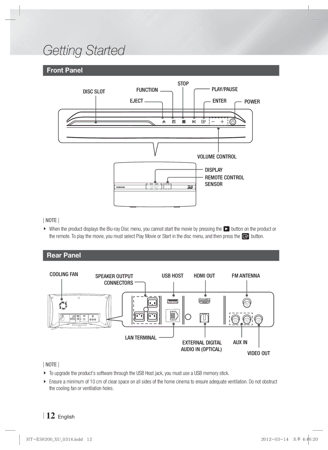 Samsung HT-ES6200/ZF, HT-ES6200/XN, HT-ES6600/XN, HT-ES6200/EN, HT-ES6600/EN, HT-ES6600/ZF manual Front Panel, Rear Panel 