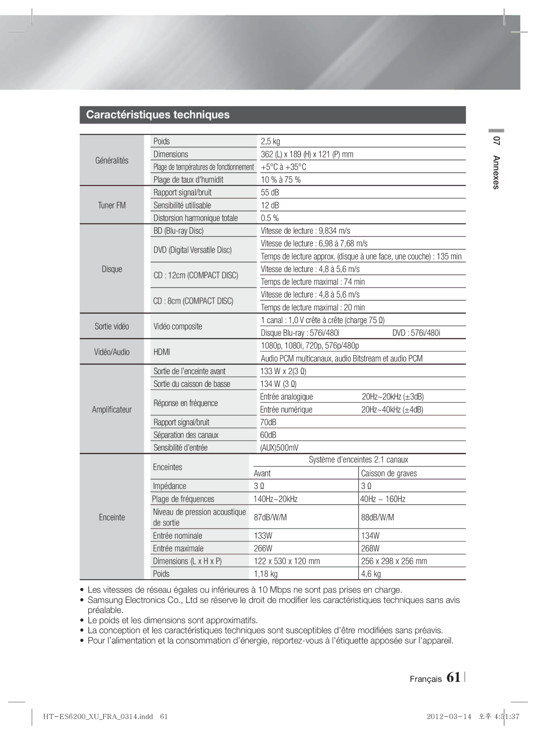 Samsung HT-ES6600/EN, HT-ES6200/XN, HT-ES6600/XN, HT-ES6200/EN, HT-ES6200/ZF, HT-ES6600/ZF manual Caractéristiques techniques 