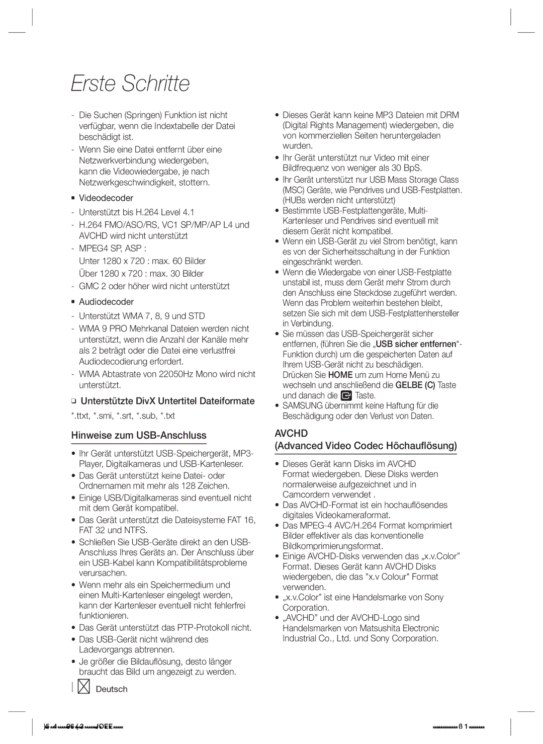 Samsung HT-ES6600/XE, HT-ES6200/XN, HT-ES6600/XN manual Hinweise zum USB-Anschluss, Advanced Video Codec Höchauflösung 