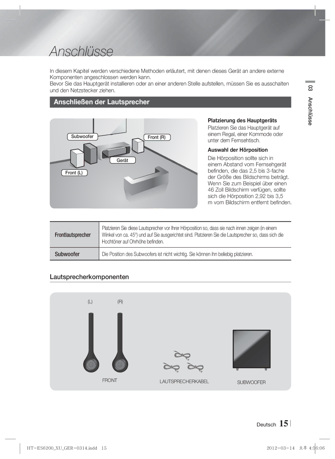 Samsung HT-ES6600/EN manual Anschlüsse, Anschließen der Lautsprecher, Lautsprecherkomponenten, Auswahl der Hörposition 